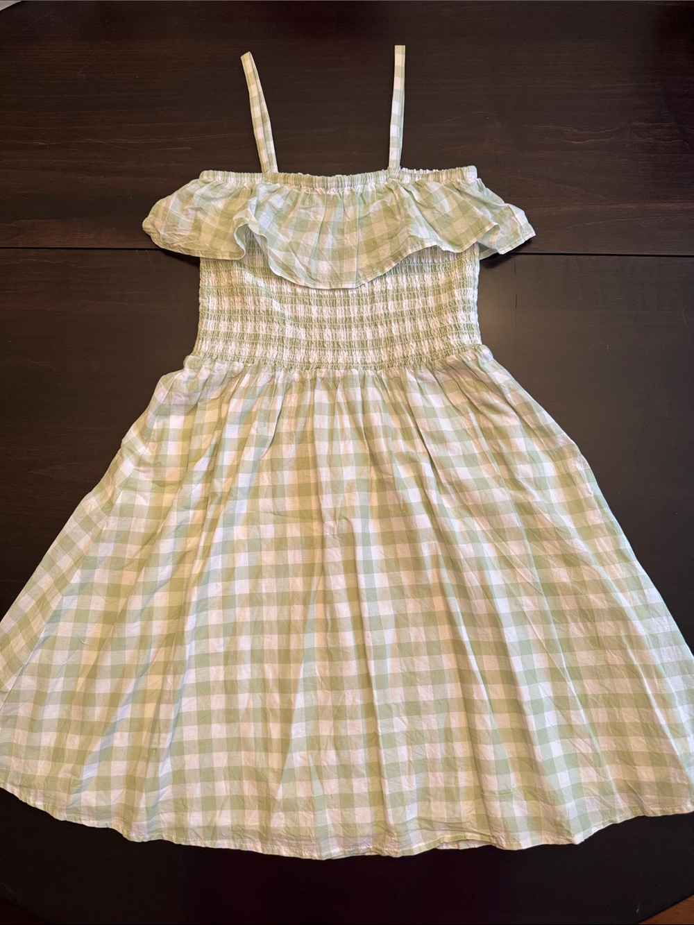Girls Janie and Jack Smocked Gingham Sundress with Ruffle - Light Green & White